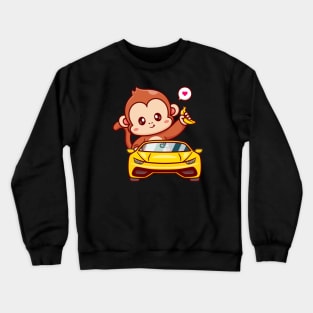 Cute Monkey Driving Car And Holding Banana Cartoon Crewneck Sweatshirt